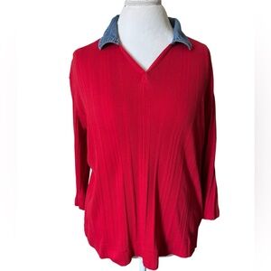 VINTAGE Karen Scott Sport Red Shirt with Denim Collar